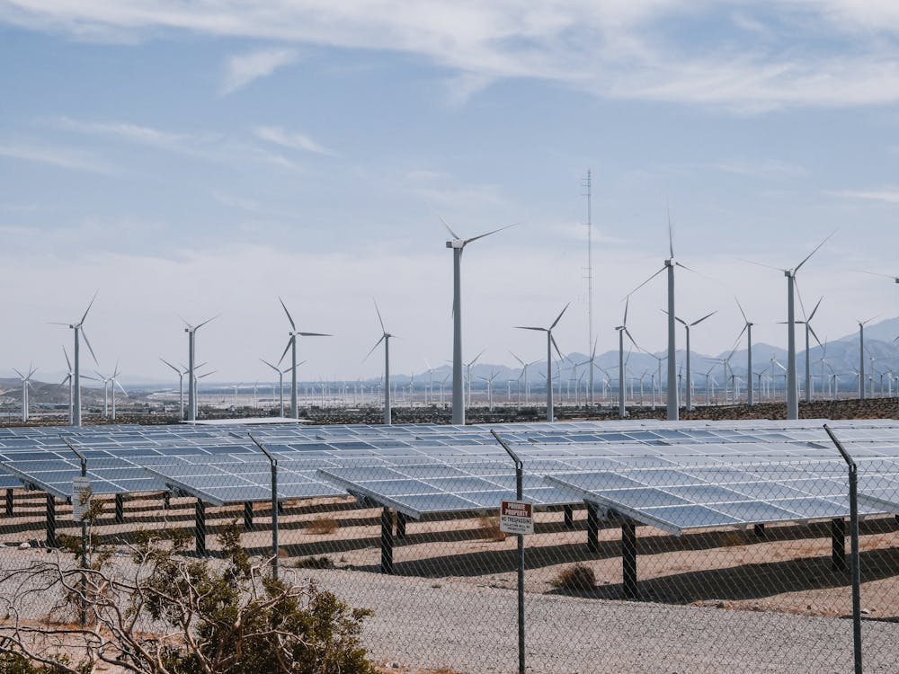 Solar panels and wind turbines during daytime