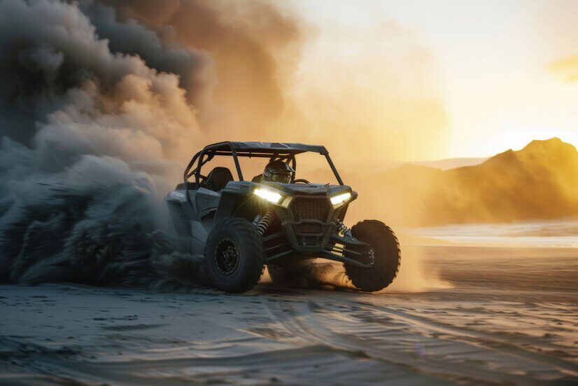 A rider driving an ATV across the sand at sunset, kicking up dust with dramatic lighting.